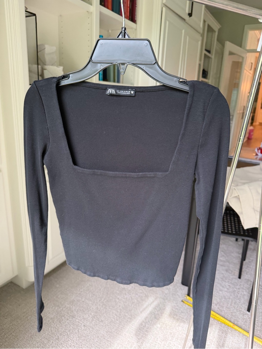 ZARA Black Square-Neck Long Sleeve Ribbed Top